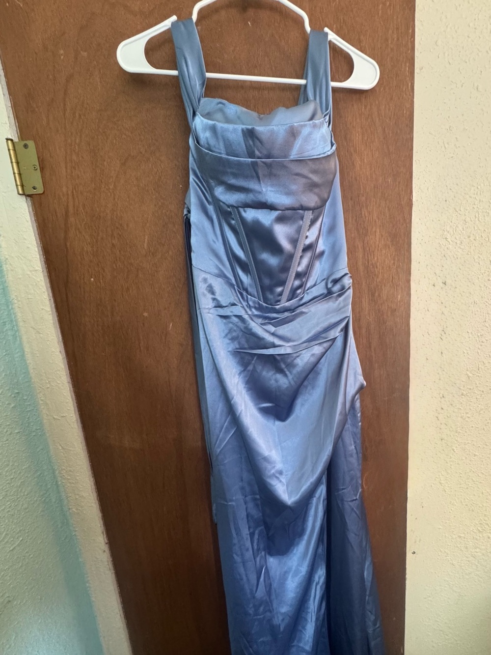 Light Blue Satin Corset Formal Dress Maxi Gown Prom Bridesmaid